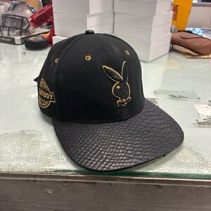 Playboy Premium Bunny Leather Bill Black/Gold Adjustable Snapback Hat Cap Used